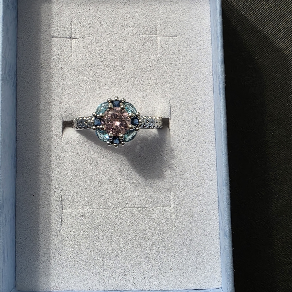 Estate - Silver Tone - Pink Gemstone Halo Ring with Blue Accents - Item 244